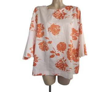 Jaclyn Smith Collection Orange Floral Rose Print Bell Sleeve Blouse XL‎ White